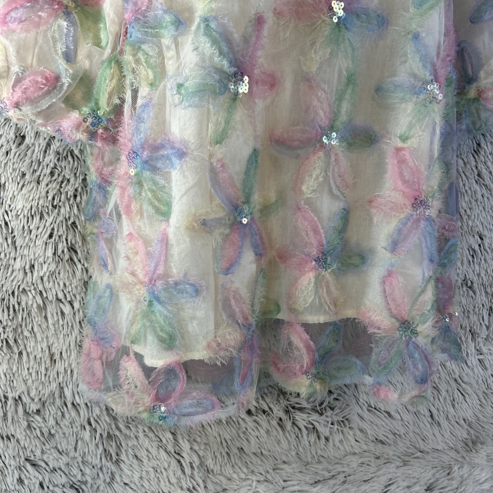 Umgee 3D Floral Boho Hippie Sheer Top Blouse Size L Puff Sleeves Sequins‎ Mesh - Picture 3 of 13